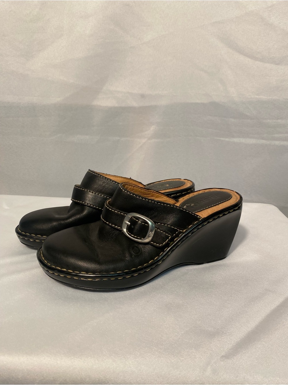Born Classic Black Leather Wedge Clog with Buckle